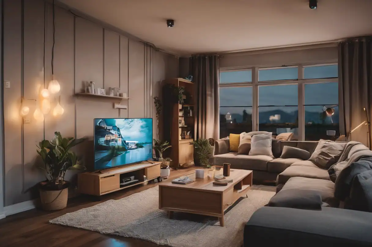 Smart home living room with modern lighting and large window views.