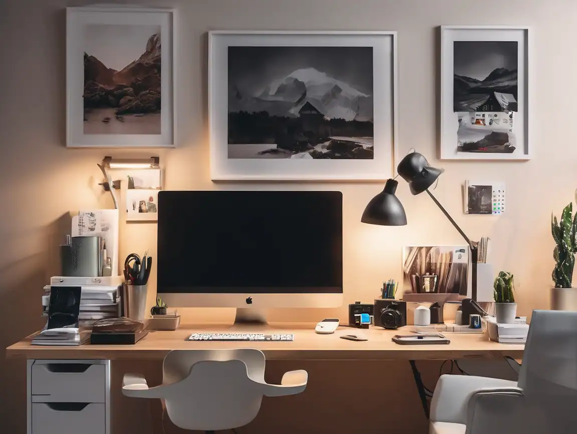 Efficient home office workspace featuring a computer, desk accessories, and inspiring wall art.