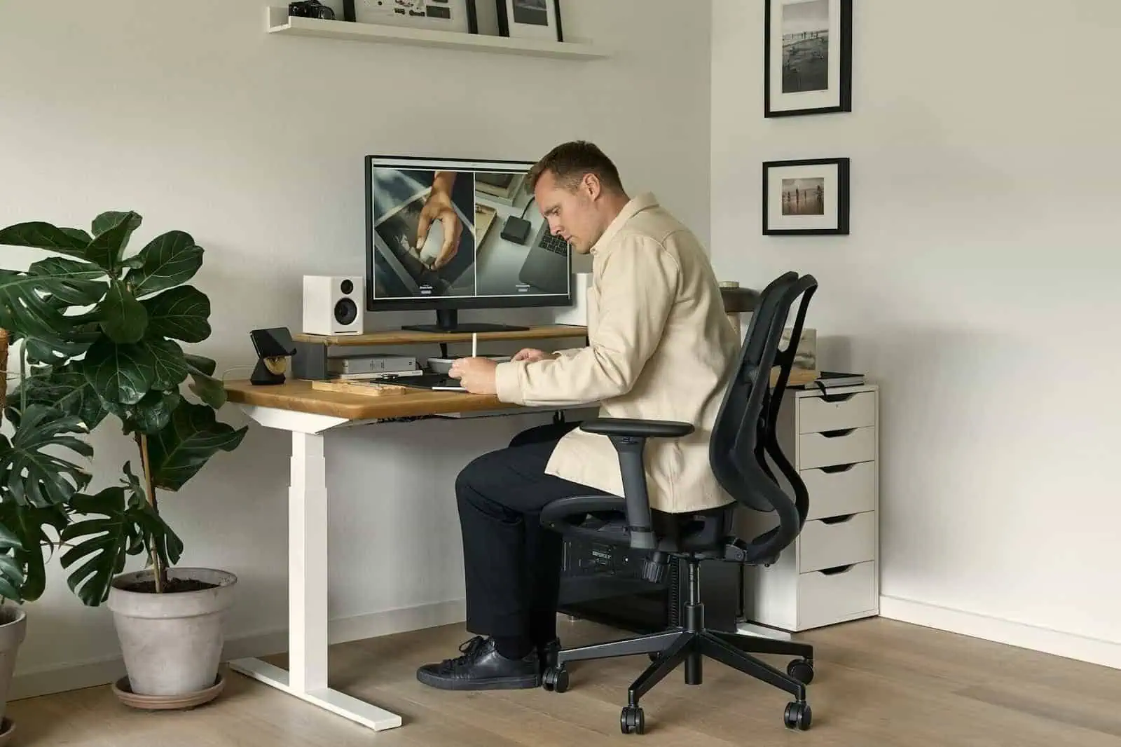 Home office makeover: affordable workspace with greenery and comfortable chair