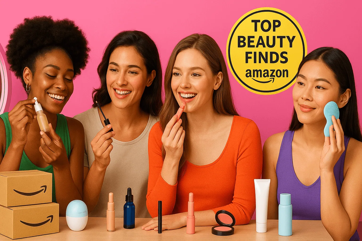 Diverse women exploring top-rated beauty products for 2026 on pink background.