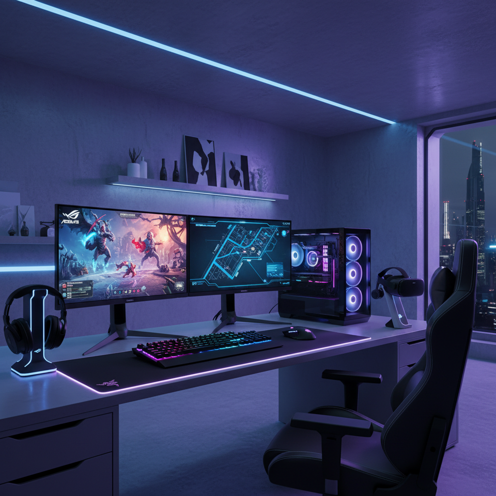 top PC gaming products Amazon A modern PC gaming desk with RGB-lit desktop, dual monitors, gaming keyboard, wireless mouse, headset, VR headset, and atmospheric LED lighting, showing the top PC gaming products of 2026.