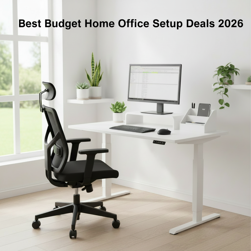 Budget home office setup deals: modern desk, ergonomic chair, monitor, and accessories in a well-lit, affordable workspace.