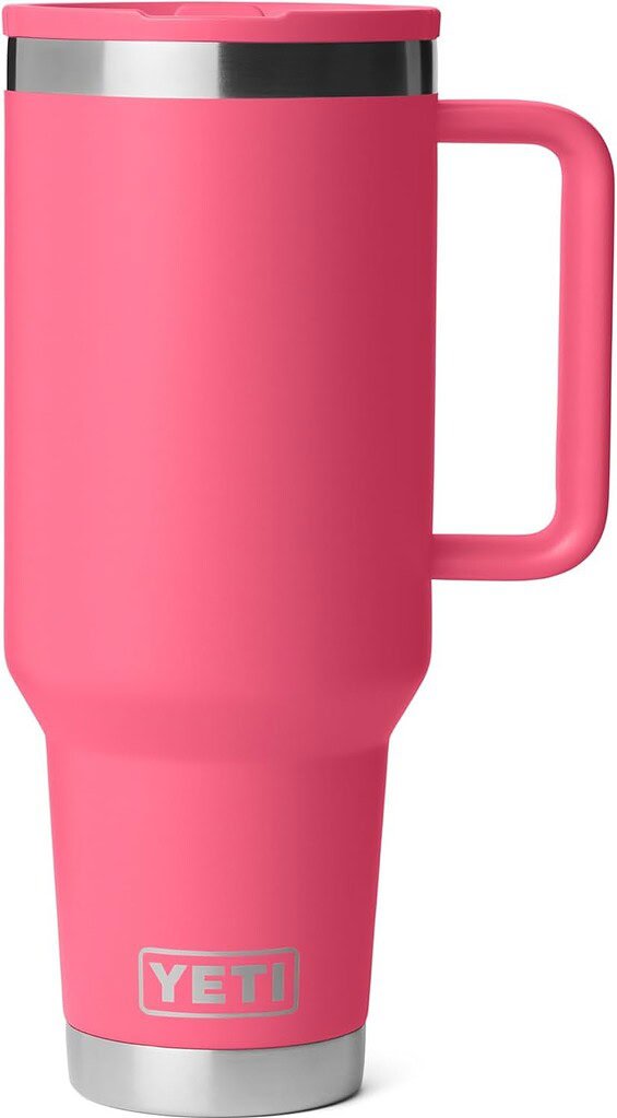 Pink YETI water bottle with stainless steel lid for durable, leak-proof hydration.