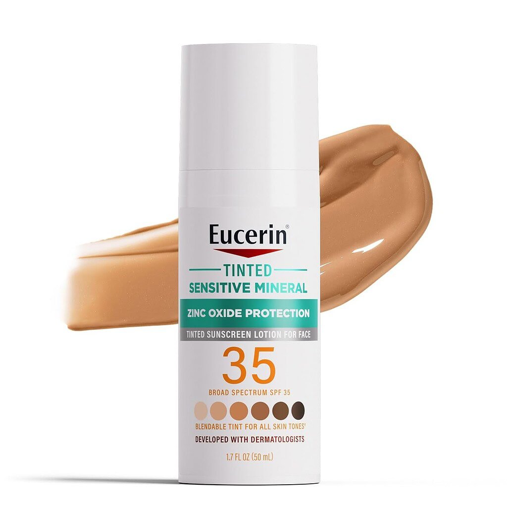 Eucerin tinted mineral sunscreen with SPF 35 for sensitive skin protection.