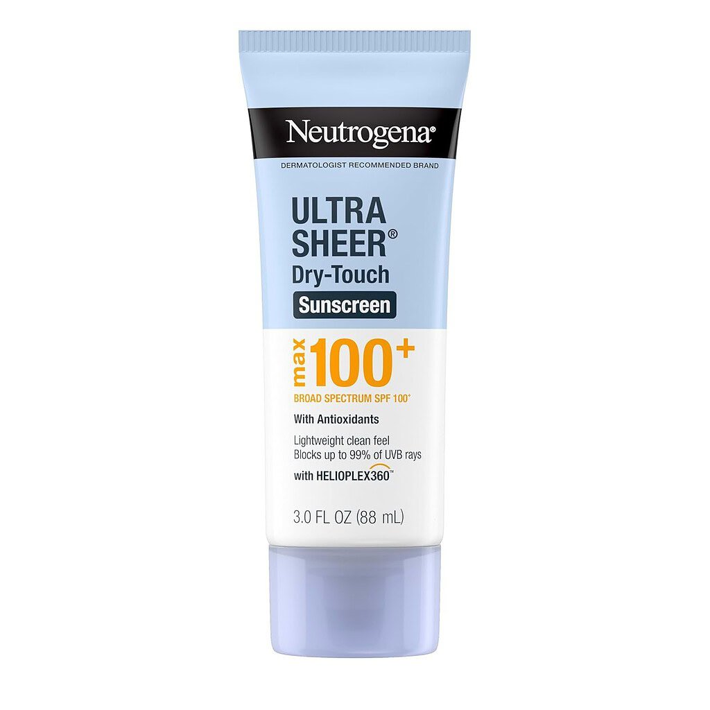 Neutrogena Ultra Sheer Dry-Touch Sunscreen SPF 100+ for sensitive skin, offers broad-spectrum protec.