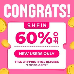 SHEIN limited-time 60% off discount for new users with free shipping and returns.