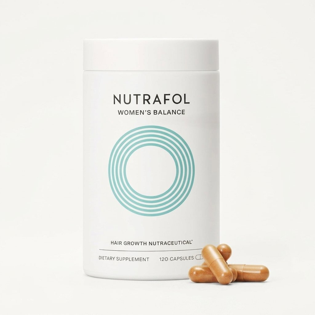 Nutrafol women’s hair growth supplement in a white bottle with capsules