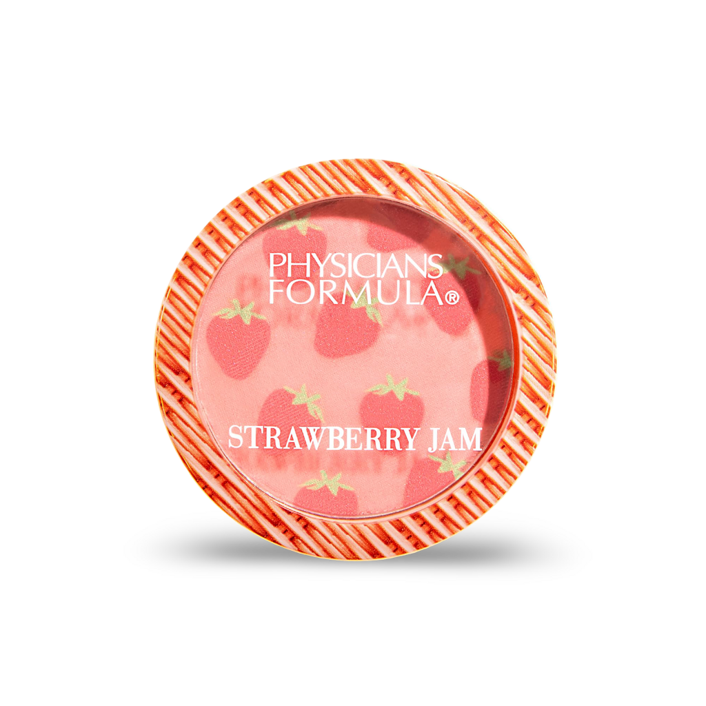 Physicians Formula strawberry jam in a round jar with strawberry illustrations.