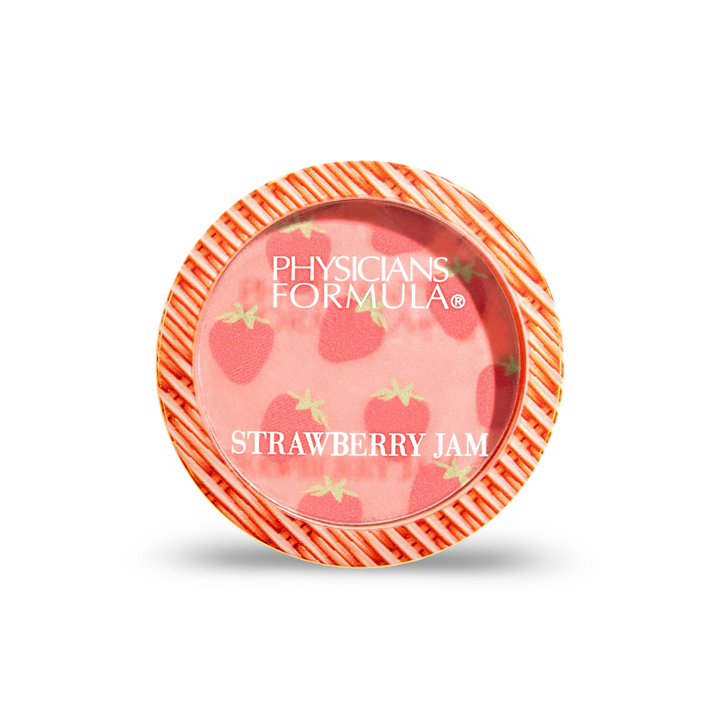 Physicians Formula strawberry jam in a round jar with strawberry illustrations.