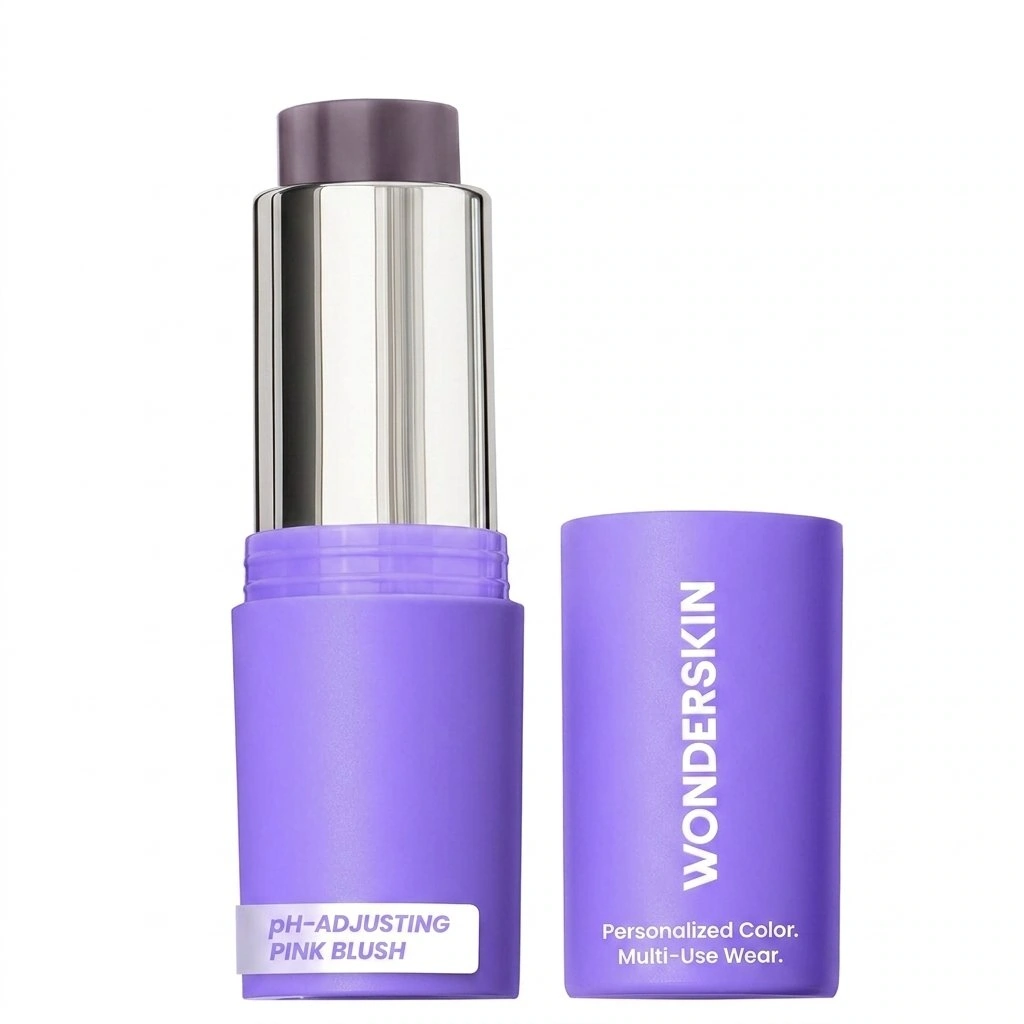 Pink blush lipstick with purple cap, adjustable pH for personalized color, multi-use wearable produc.