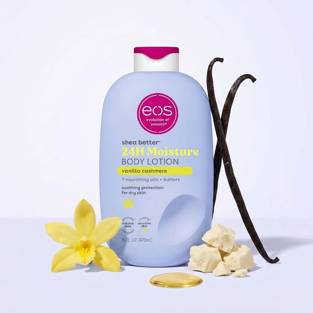 Shea Butter 24H Moisture Body Lotion with vanilla cashmere scent, nourishing oils, and soothing prot.