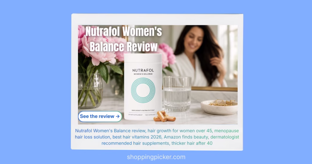A bottle of Nutrafol Women's Balance supplements next to a glass of water on a luxury vanity.