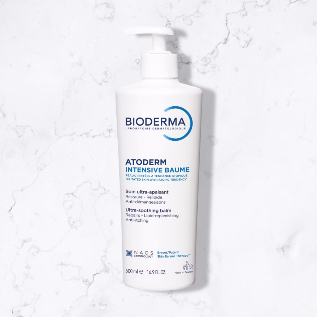Bioderma Atoderm Intensive Balm, Hydrating Balm for Dry to Atopic Sensitive Skin, Face & Body Moisturizer with Ultra Soothing Anti-Itching Formula, Fragrance-Free, Non-Greasy & Non-Sticky for Family. product shot on a marble floor.