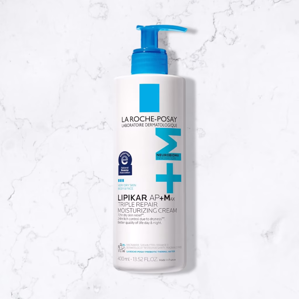 La Roche-Posay Lipikar AP+MAX Triple Repair Moisturizing Body Cream | Face & Body Lotion for Dry Skin with Shea Butter & Niacinamide | Gentle Moisturizer for Very Dry, Rough & Sensitive Skin, Size: 13.5 Fl Oz (Pack of 1), product shot on a marble floor.