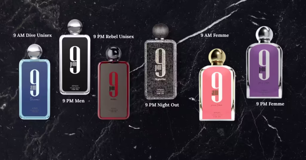 Afnan 9 PM Night Out perfume 2026 bottle alongside seven Afnan fragrance bottles including 9 PM for Men, Supremacy Not Only Intense, Turathi Blue, and Rare Carbon