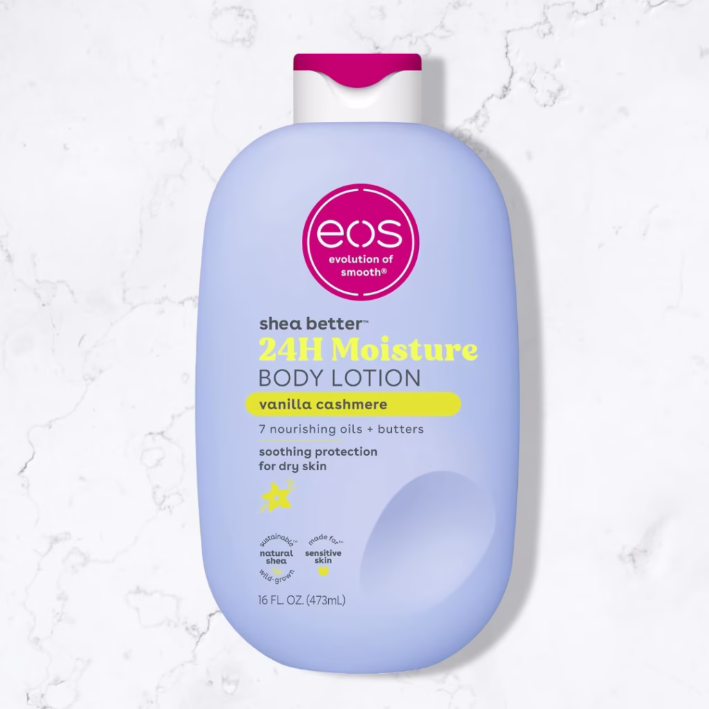 eos Shea Better Body Lotion Vanilla Cashmere, 24-Hour Moisture Skin Care, Lightweight & Non-Greasy, Natural Shea, Vegan, Vanilla Body Lotion, 16 fl oz on a marble