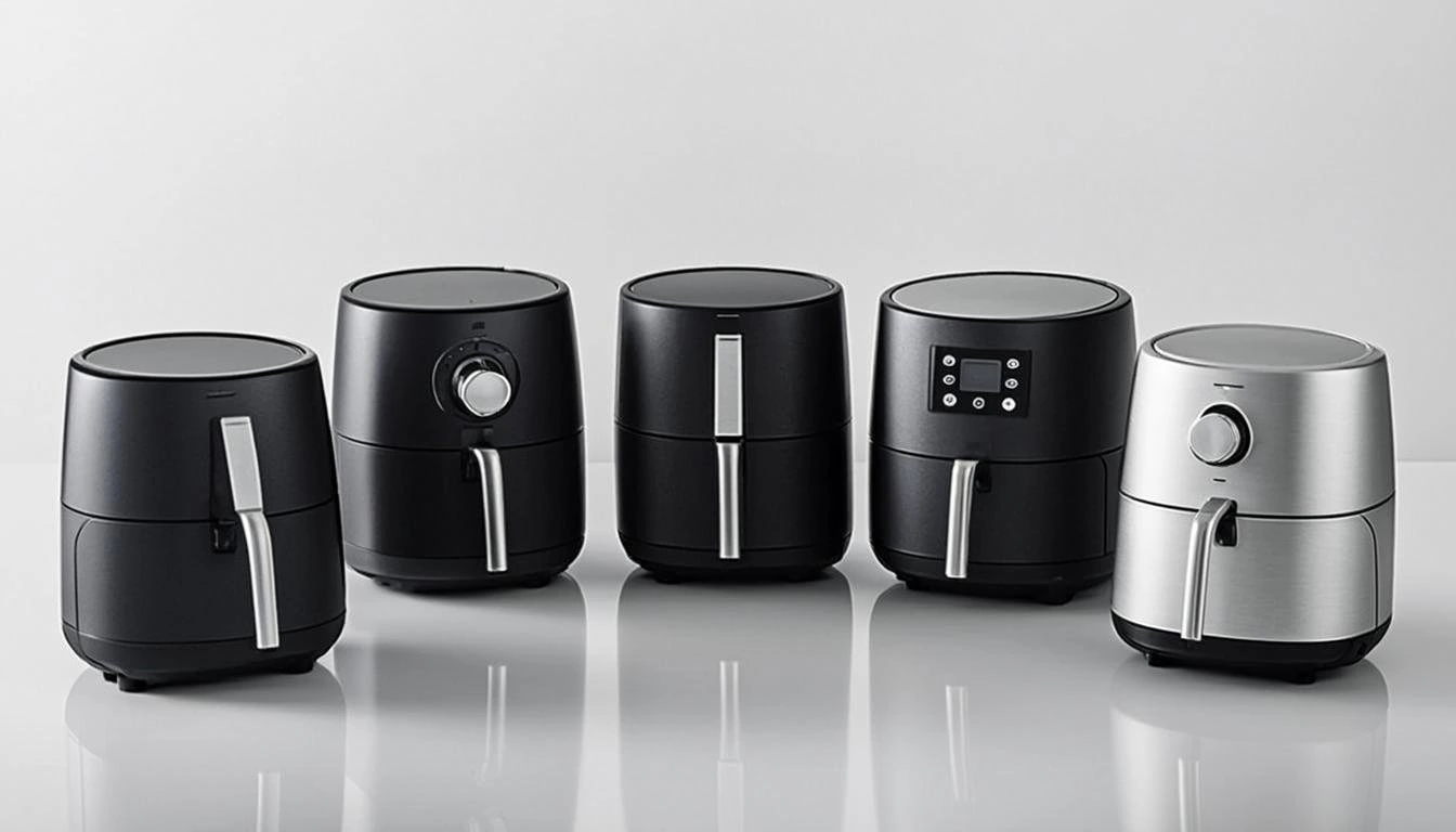 Five sleek air fryers in black and silver on a white background.