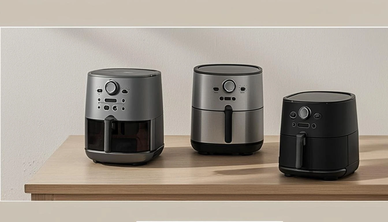 Three sleek air fryers in black, silver, and dark gray on wooden table.