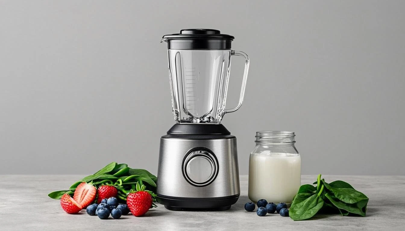 Blender with fresh strawberries, blueberries, spinach, and a jar of milk.