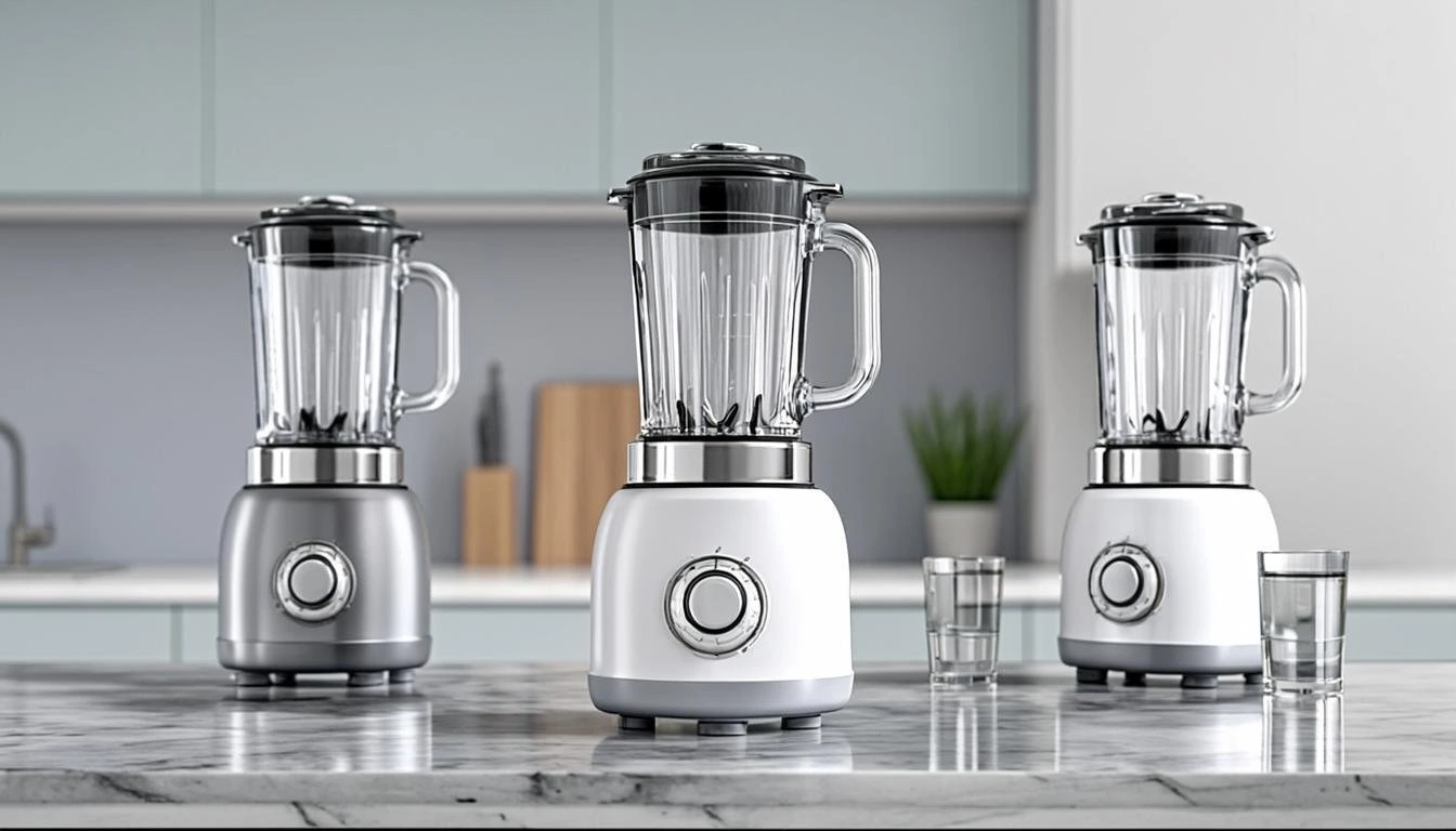 Three sleek kitchen blenders on a marble countertop with glasses and plants in background.
