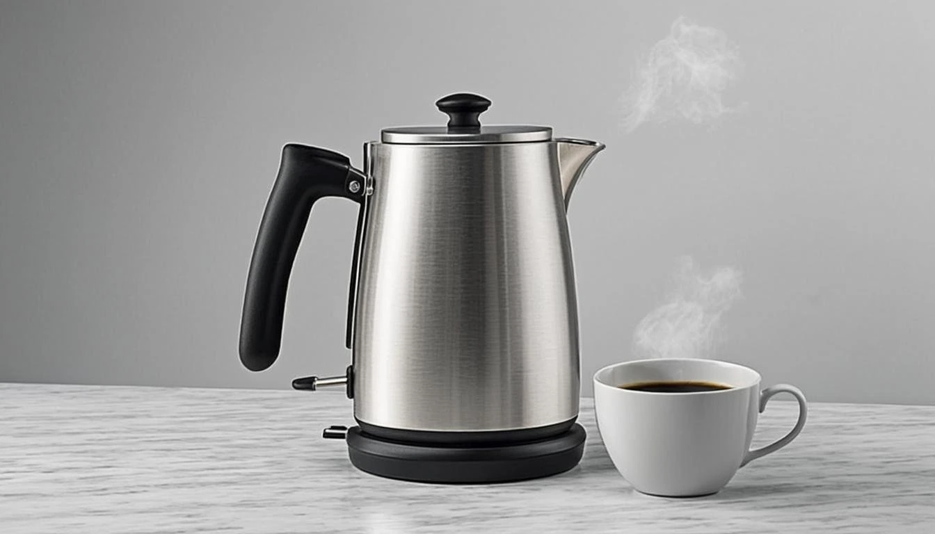 Stainless steel electric kettle boiling water with steam and a coffee cup.
