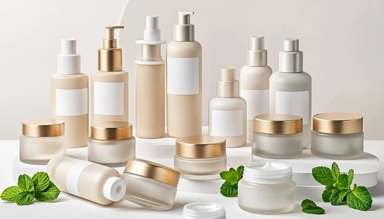 Assorted skincare bottles and jars with mint leaves on a neutral background.