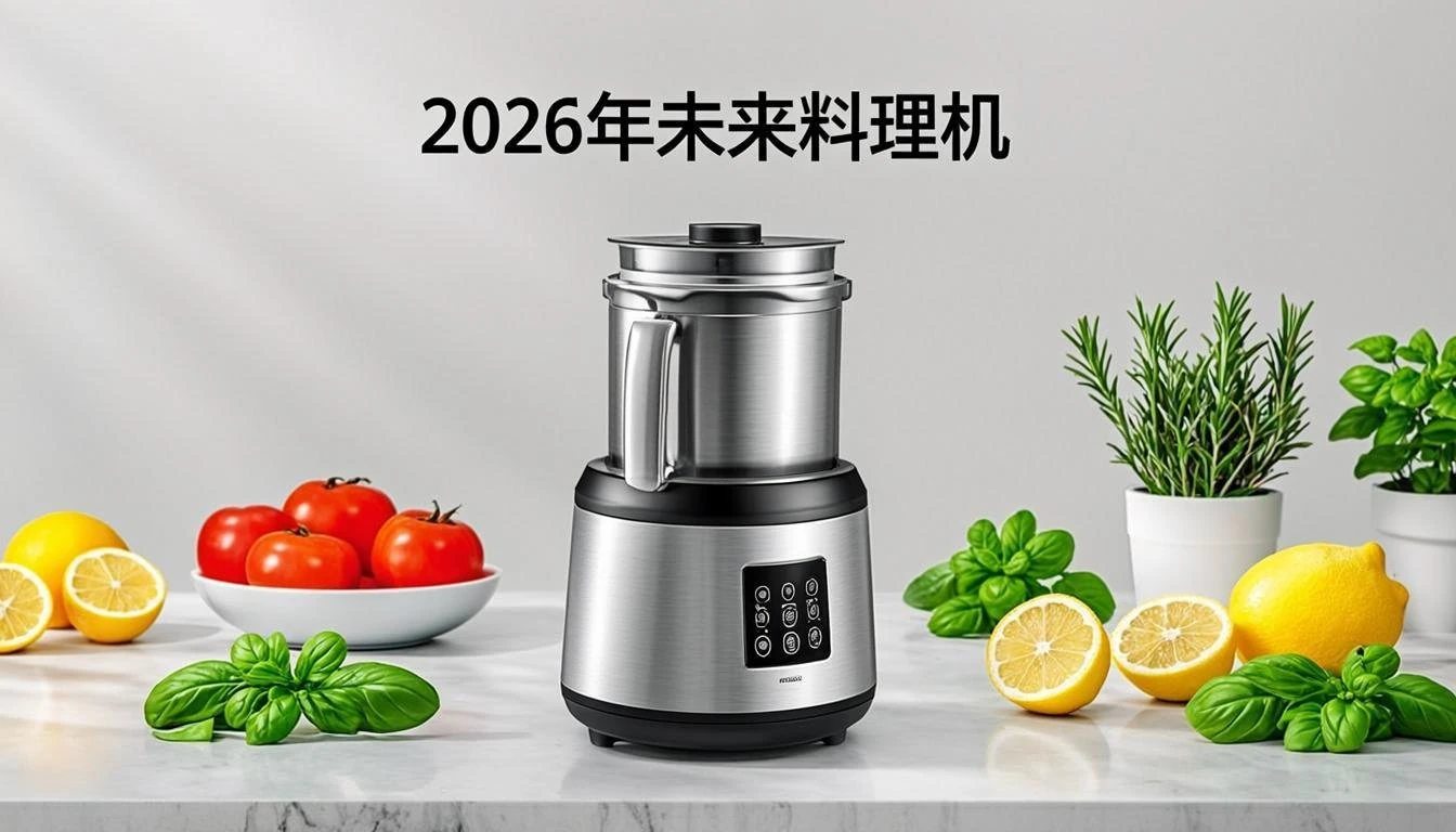 Modern kitchen blender with fresh vegetables and lemons for healthy cooking.