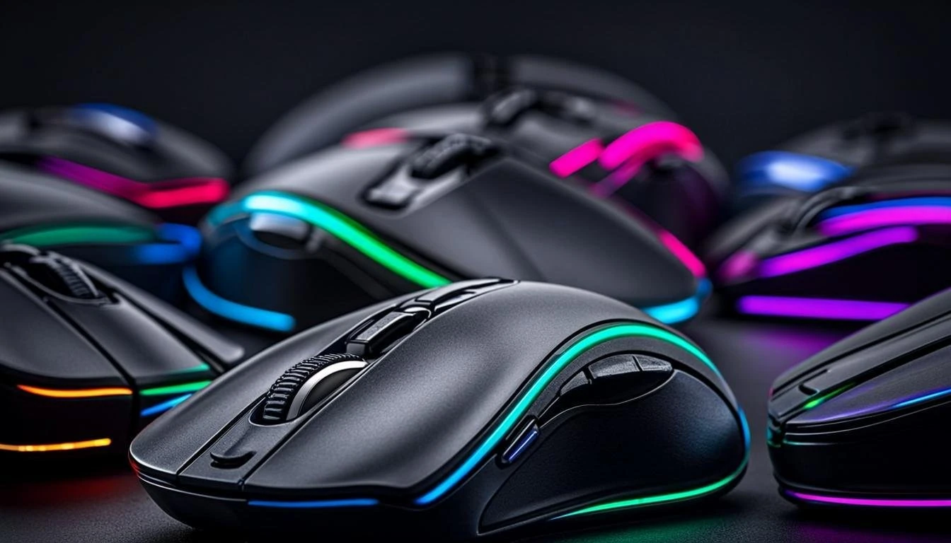 Collection of gaming mice with colorful RGB lighting effects.