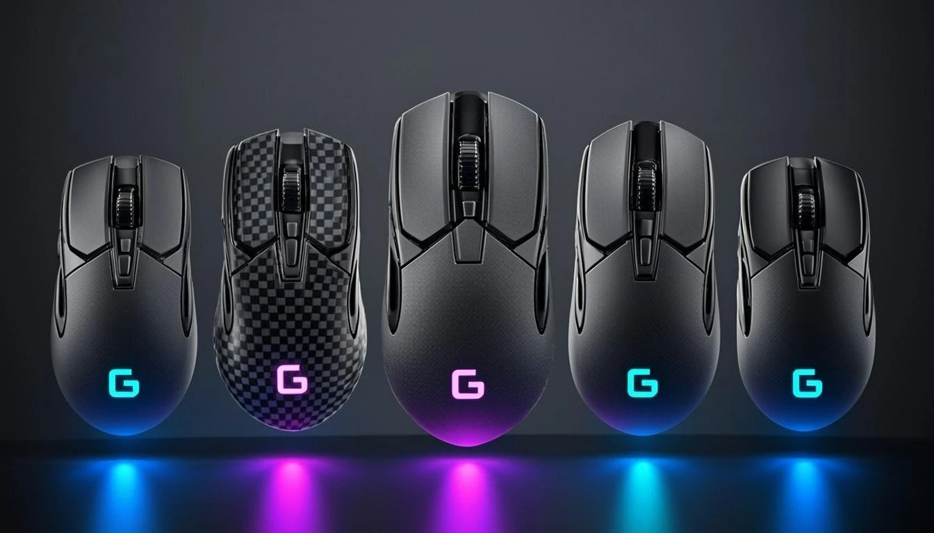 Five gaming mice with customizable RGB lighting on a dark background.