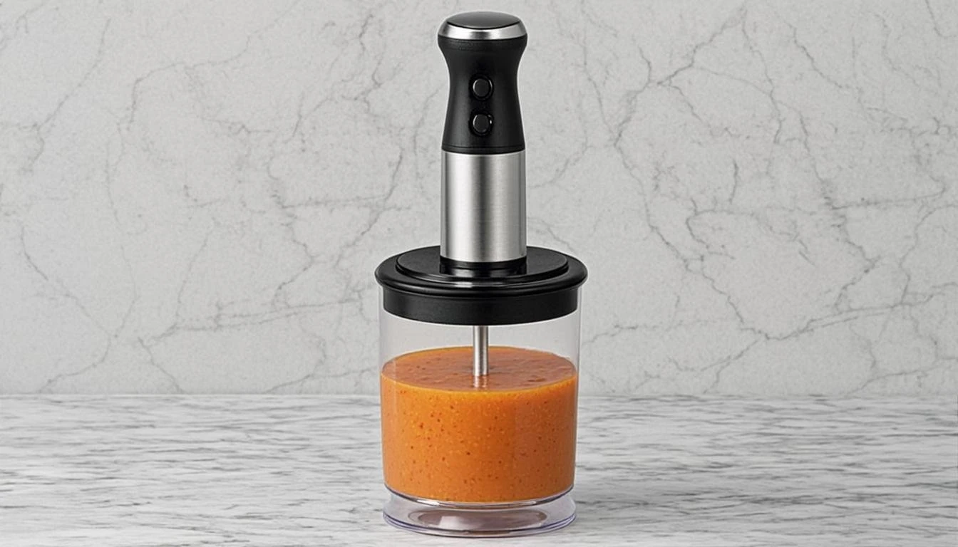 Electric hand blender blending orange smoothie in a clear beaker.