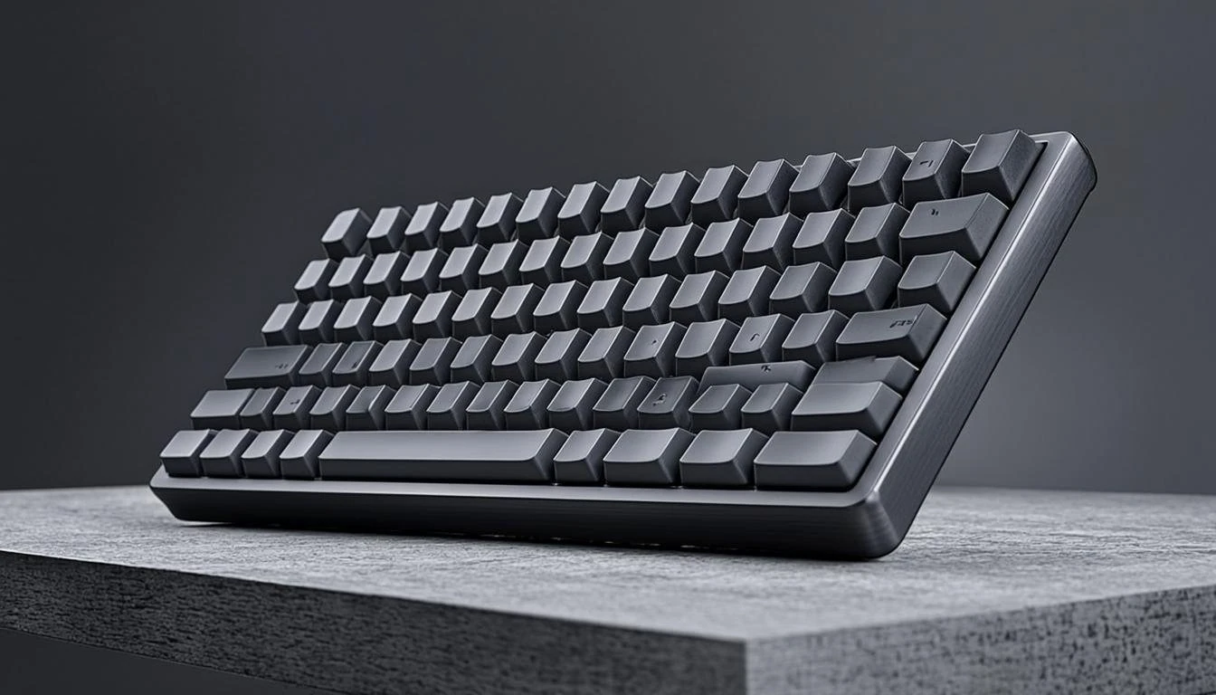 Black mechanical keyboard with raised keys on a gray surface.