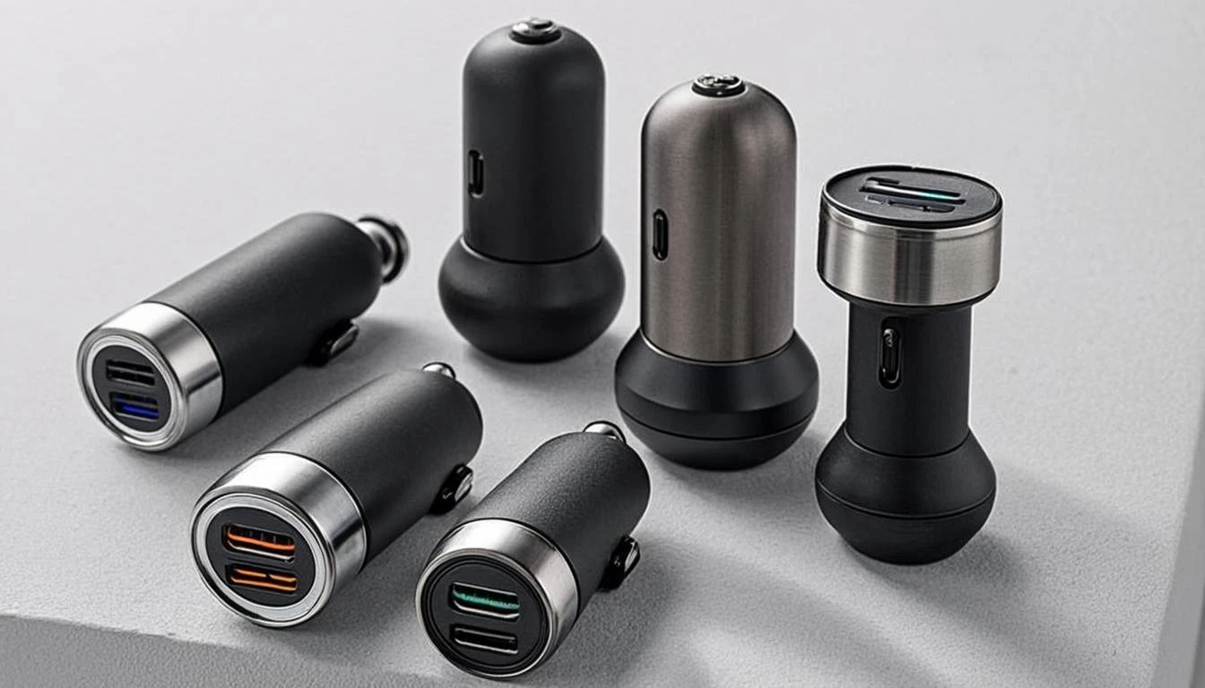 Set of car chargers and power adapters with multiple USB ports for devices.