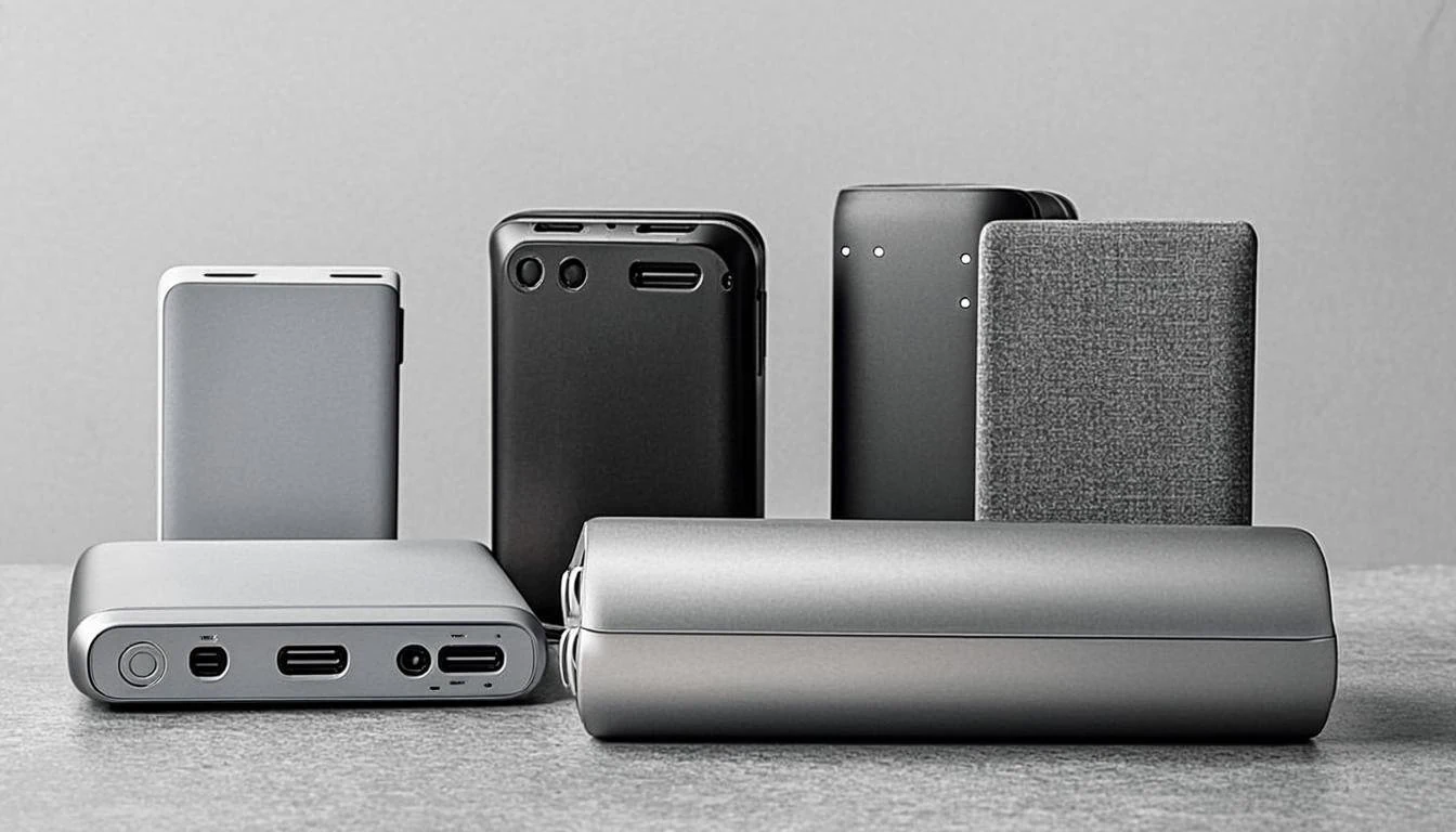 Collection of portable power banks and chargers for electronic devices.
