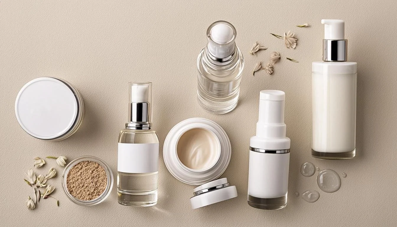 Collection of skincare and beauty products with creams, serums, and oils.