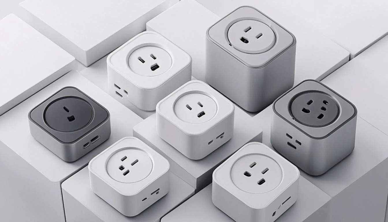 Multiple smart power strips in white and gray for home automation and energy management.