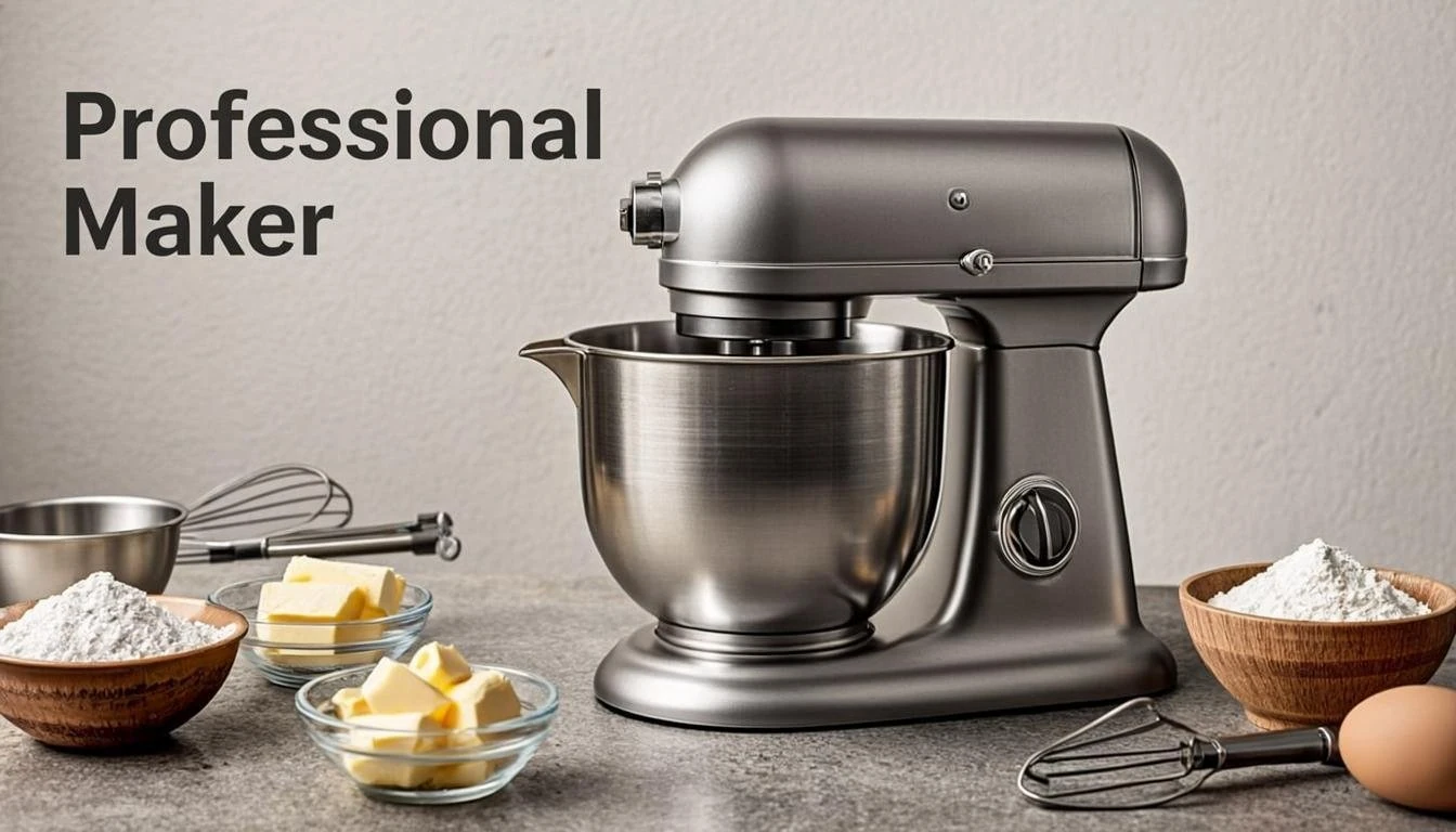 High-quality professional kitchen mixer with stainless steel bowl.