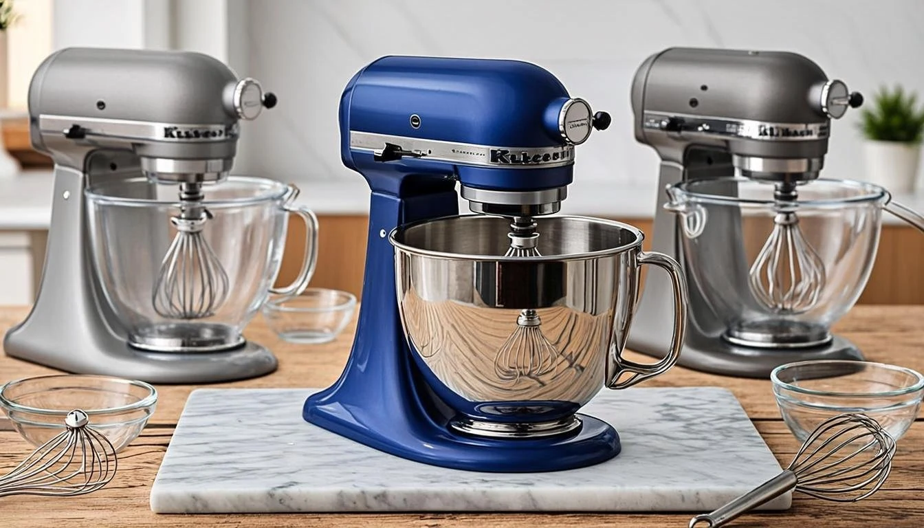 Three Kitchenaid stand mixers in silver, blue, and gray on a kitchen countertop.