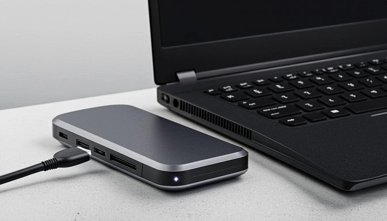 Laptop docking station with multiple ports for enhanced connectivity.