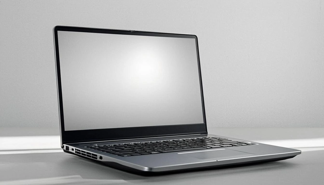 Silver laptop on a white surface with a blank screen.