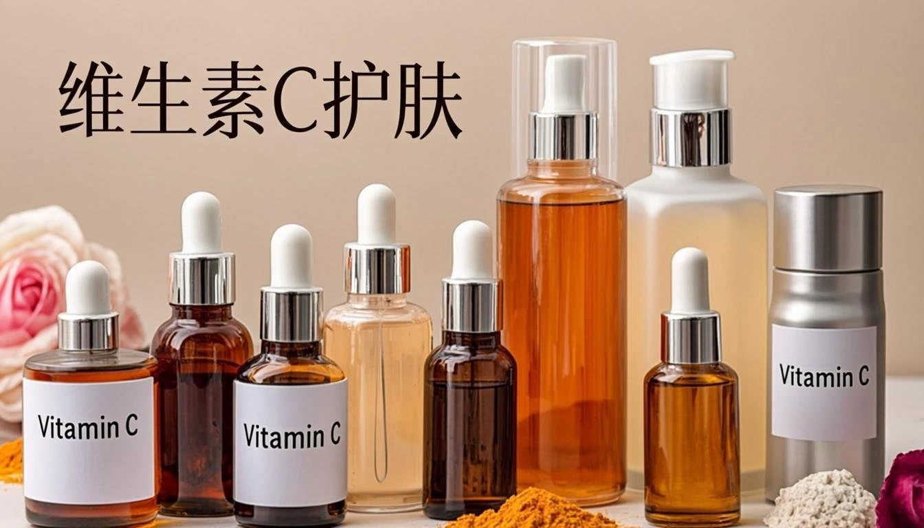 Collection of Vitamin C skincare bottles with droppers and pumps for glowing skin.