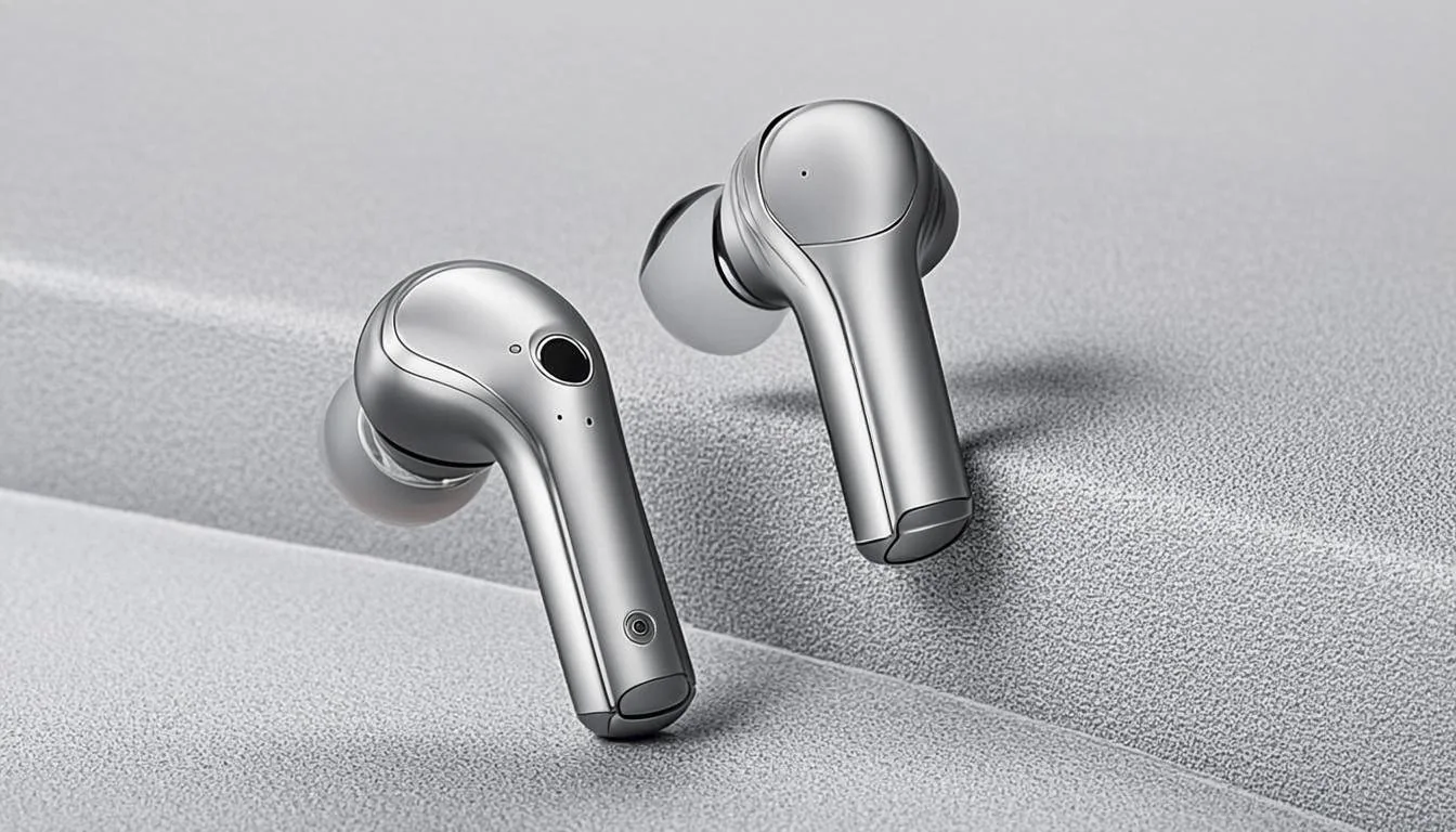 Wireless earbuds in silver color on a textured surface.