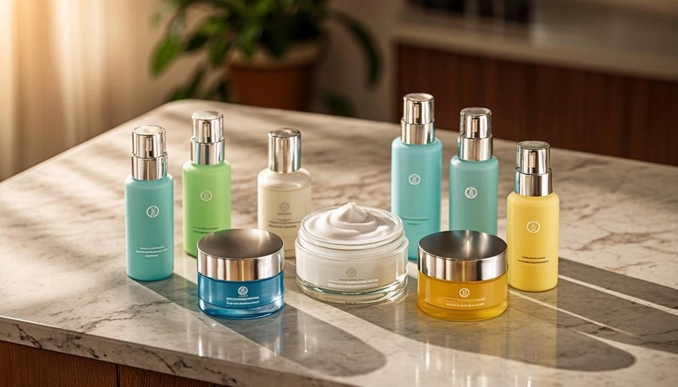 Collection of skincare bottles and jars on marble table.