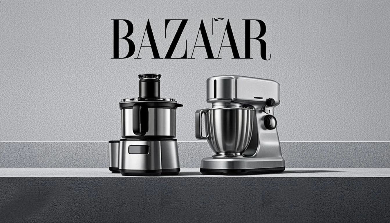 Stainless steel juicer and stand mixer on kitchen counter.