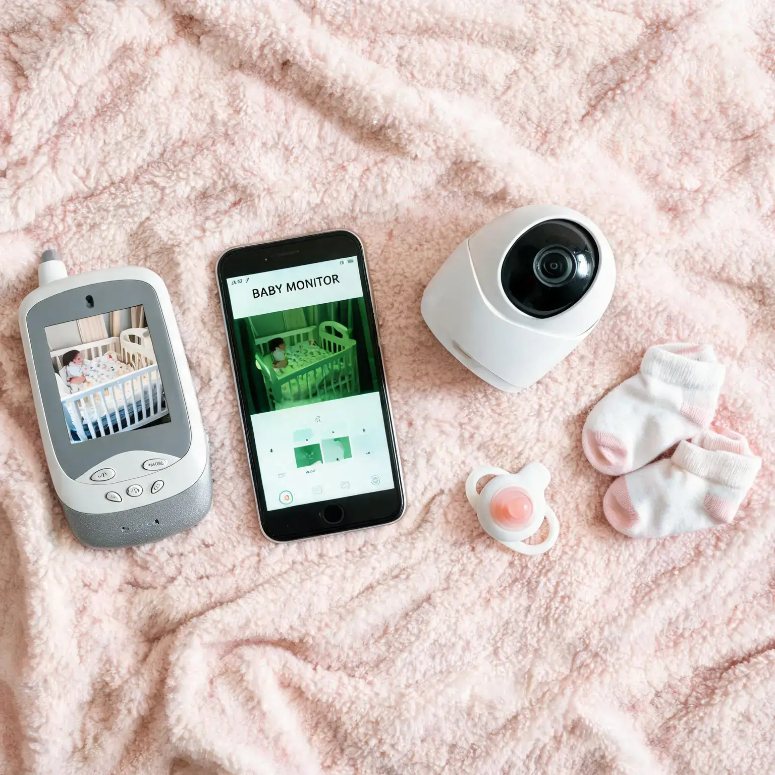 Baby monitor types compared: handheld non-WiFi parent unit and smartphone app view with night-vision feed, flat lay