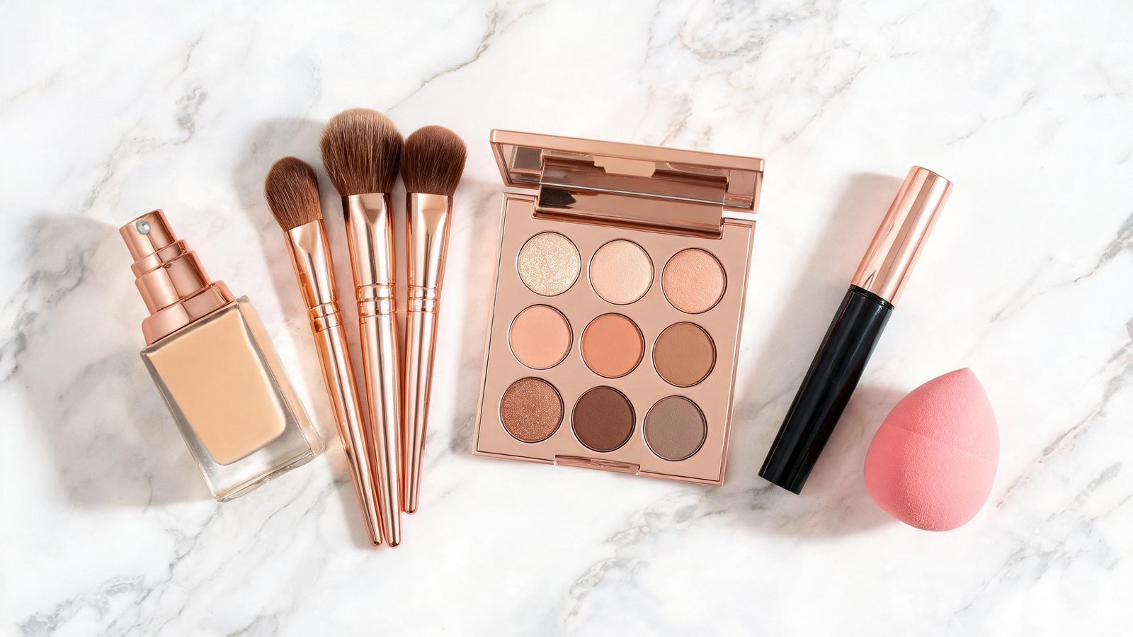 Makeup brushes, palette, foundation, and sponge on marble surface.
