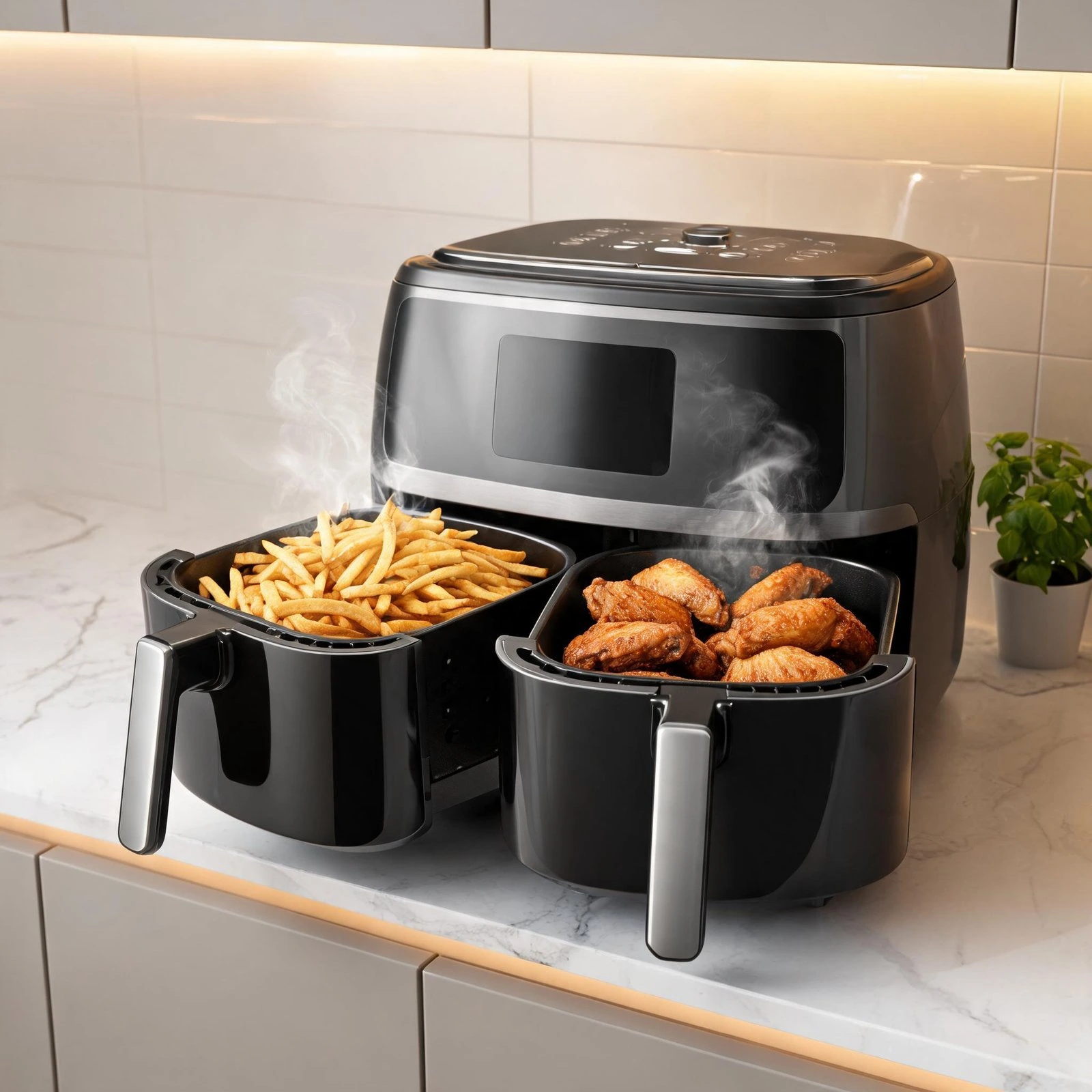 Air fryer cooking French fries and chicken wings in a modern kitchen.