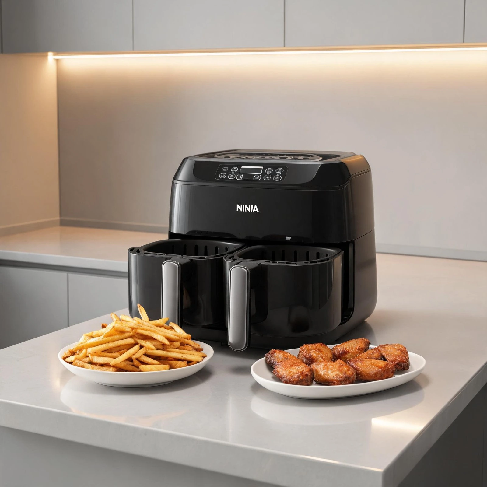 Ninja air fryer with fries and chicken wings on a kitchen counter.
