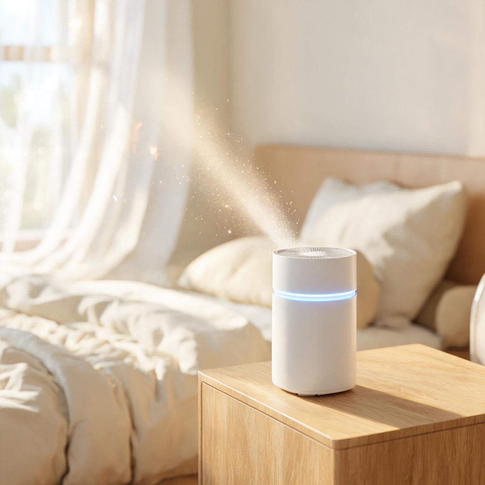 Modern white air purifier emitting mist in bedroom for clean air.