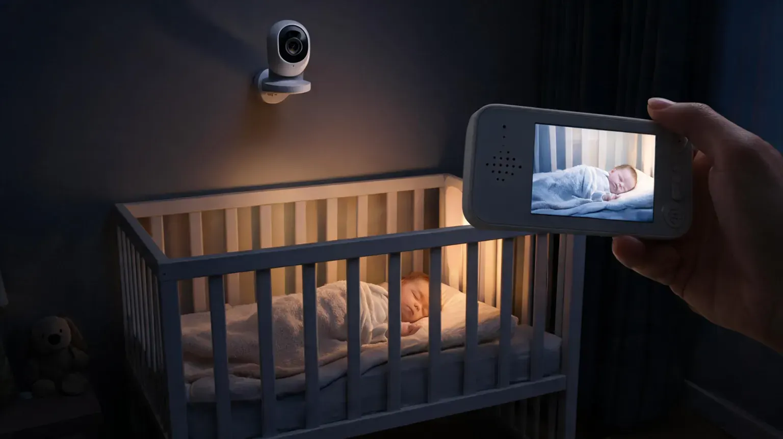 Best baby monitors: a wall-mounted baby monitor camera watches over a sleeping infant in a softly lit nursery at night