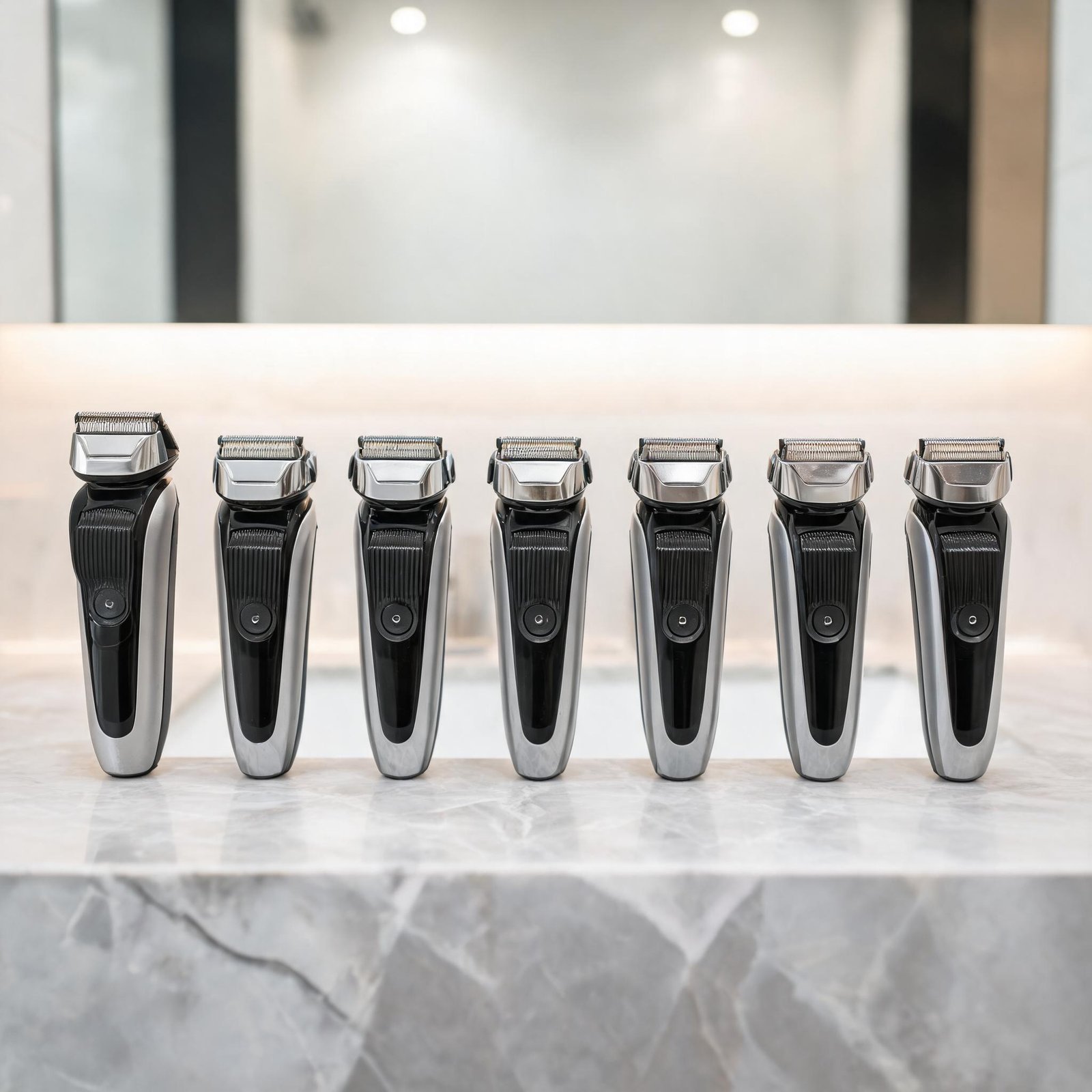 Best beard trimmers of 2026 — seven trimmers lined up on a marble bathroom counter